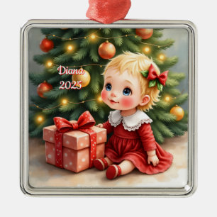 Custom Christmas Baby Sitting By Tree Scene  Metal Ornament