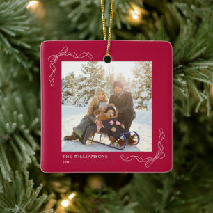 Custom Christmas Berry Red Bow Photo Family Ceramic Ornament