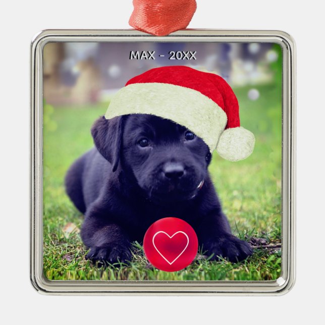Custom Christmas Black Dog Photo Metal Ornament (Front)