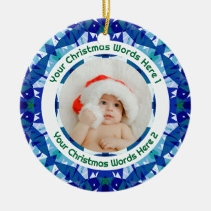 Custom Christmas Blue Green Family Photo Gift Ceramic Ornament