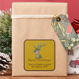 Custom Christmas Bokeh Reindeer Head Bronze Gold Square Sticker