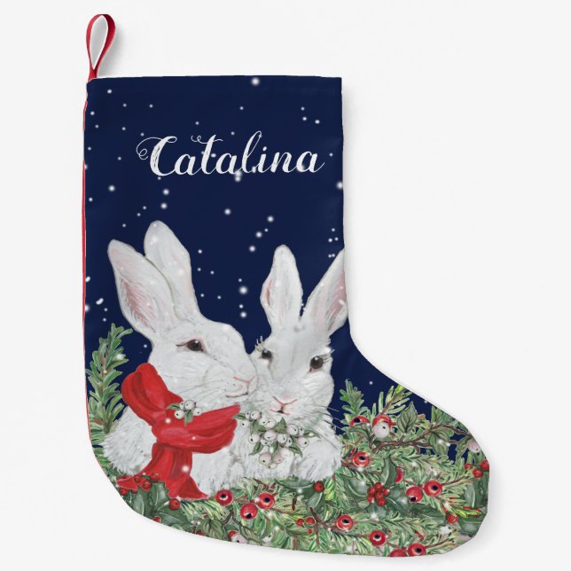 Custom Christmas Bunny Rabbit Greenery Snow Unique Small Christmas Stocking (Front)