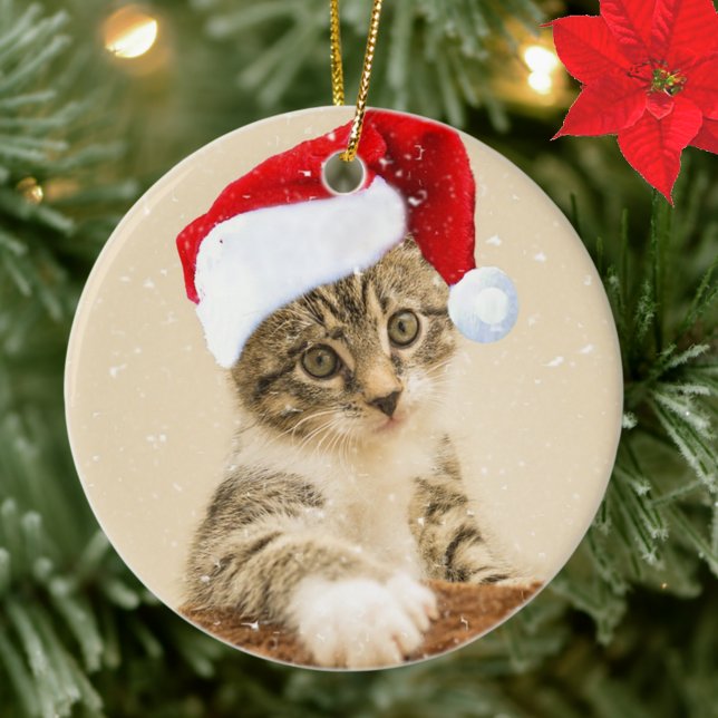 Custom Christmas Carol Tabby Cat Photo Ceramic Ornament (Creator Uploaded)