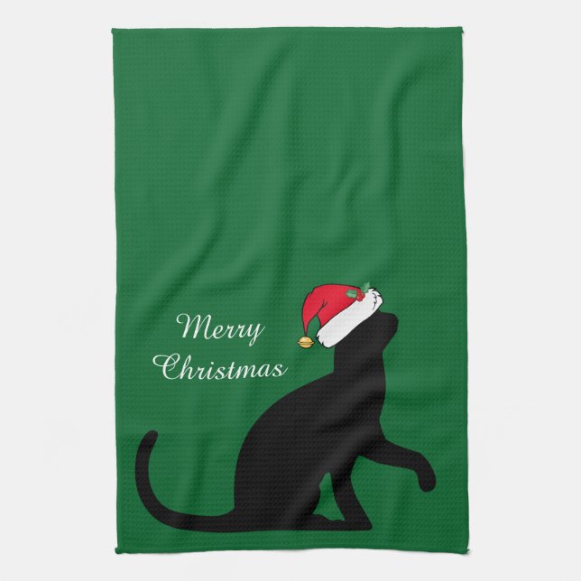 Custom Christmas Cat Santa Green Tea Towel (Vertical)