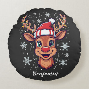 Custom Christmas Cheer Cute Reindeer in Hat  Round Cushion