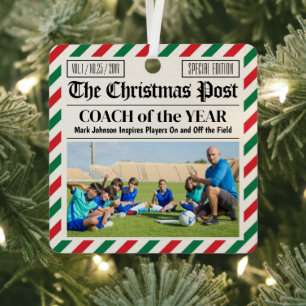 Custom Christmas Coach Gift Sports Newspaper Coach Metal Tree Decoration