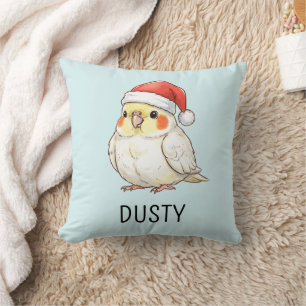 Custom Christmas Cockatiel Wearing Santa Hat Cushion
