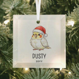 Custom Christmas Cockatiel Wearing Santa Hat Glass Tree Decoration