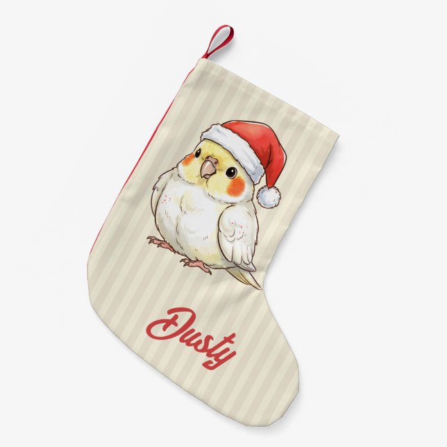 Custom Christmas Cockatiel Wearing Santa Hat Small Christmas Stocking (Front (Hanging))