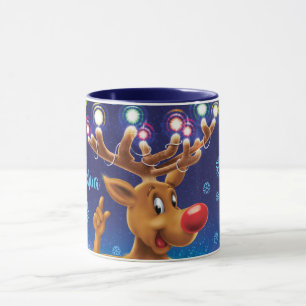Custom Christmas coffee mug , Rudolph & lights