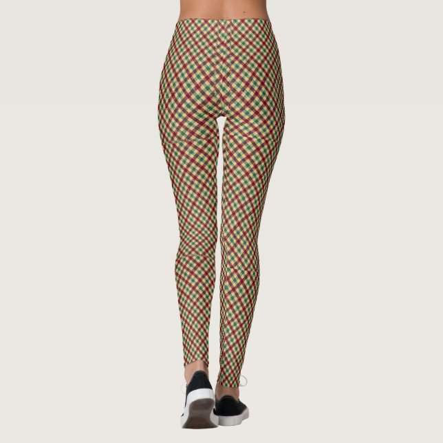 Custom Christmas Crimson Red Plaid Checked Pattern Leggings (Back)