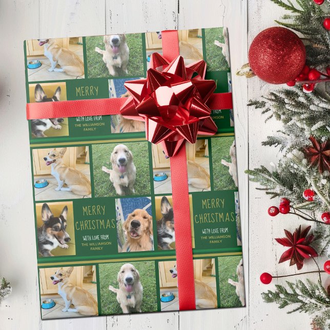 Custom Christmas Dog Photo Collage Green Pet Owner Wrapping Paper (Creator Uploaded)