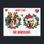 Custom Christmas face cut out  reindeer and Santa  Postcard<br><div class="desc">Design Help: 
https://www.zazzle.com/live/categories/design help

ID card photo.
Headshot photo.Personalised Christmas face-in-hole board. Easily upload your own centred face picture. You can edit text ( font,  size,  colour ),   scale,  crop the picture ...   Move,  rotate,  scale,  resize all elements ( snowflakes,  hats  and red heart). You cand edit background colour.</div>