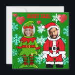 Custom Christmas face cut out Santa and Elf Card<br><div class="desc">Design Help: 
https://www.zazzle.com/live/categories/design help

ID card photo.
Headshot photo.Personalised Christmas face-in-hole board. Easily upload your own centred face picture. You can edit text ( font,  size,  colour ),   scale,  crop the picture ...   Move,  rotate,  scale,  resize all elements ( snowflakes and red heart).</div>