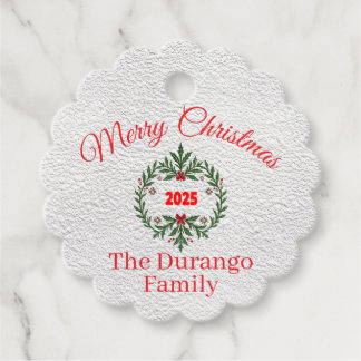 Custom Christmas Festive Floral Wreath Scalloped Favour Tags