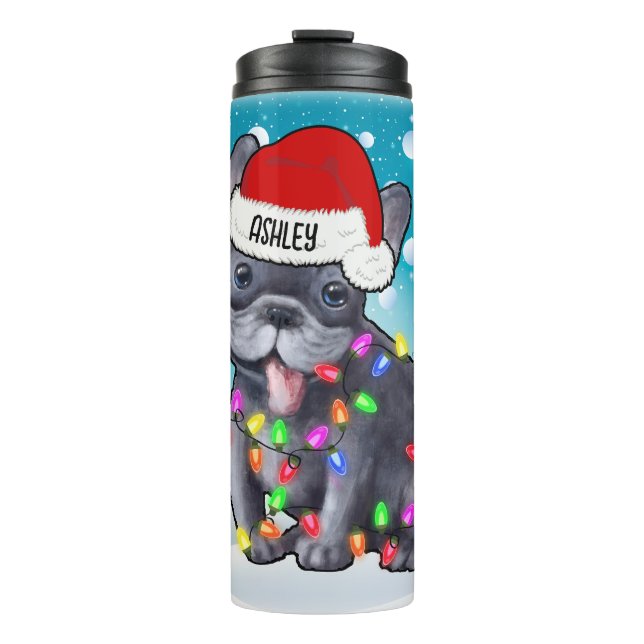 Custom Christmas French Bulldog Head Santa Hat Thermal Tumbler (Front)