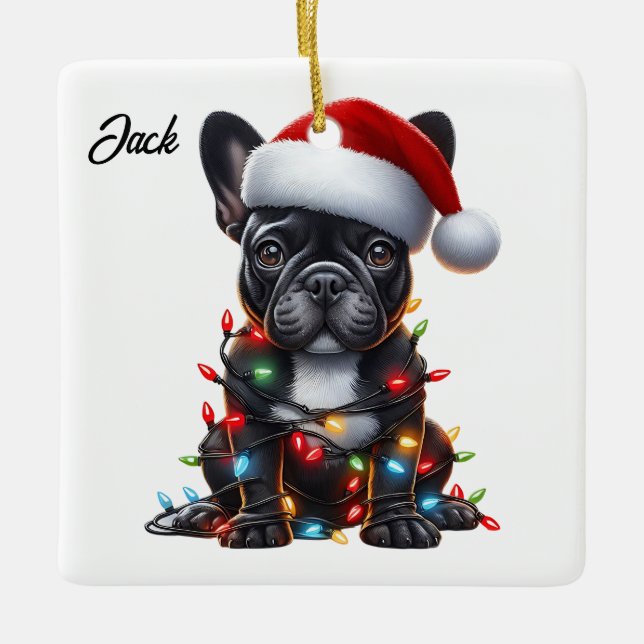 Custom Christmas French Bulldog with Santa Hat Ceramic Ornament (Front)