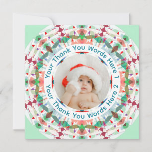 Custom Christmas Fun Modern Green Pink Blue Photo Thank You Card