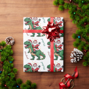 Custom Christmas Funny Santa riding a dinosaur     Wrapping Paper