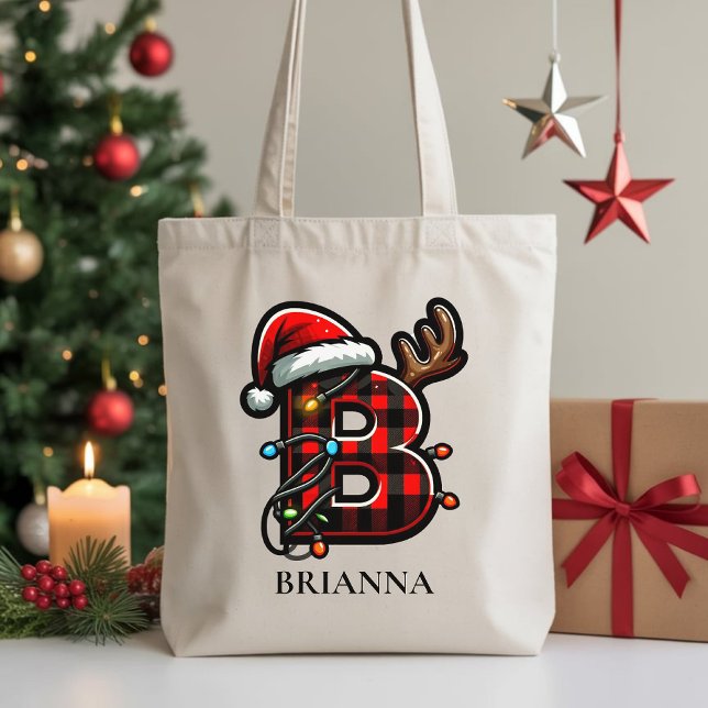 Custom Christmas Gift Bag for Her & Holiday Party (Custom Name Monogram Santa Christmas Tote – Gift for Family, Besties, Employees & Secret Santa)