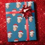 Custom Christmas Gift Wrap with Face Santa Hat<br><div class="desc">Personalised Face 2 Photos Santa Hat Christmas Blue Gift Wrap</div>