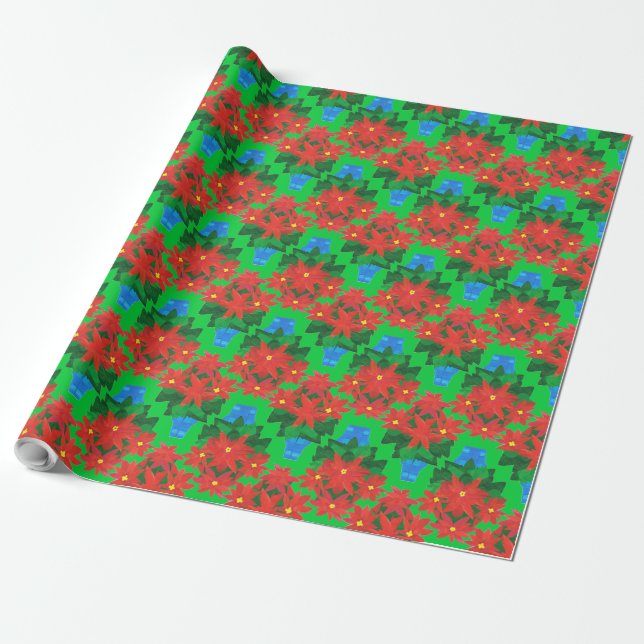 Custom Christmas Giftwrap: Poinsettias, Green Wrapping Paper (Unrolled)