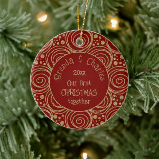 Custom Christmas Golden Swirls on Red Pattern - Ceramic Ornament