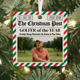 Custom Christmas Golfer Gift, Fun Golf Newspaper Metal Tree Decoration