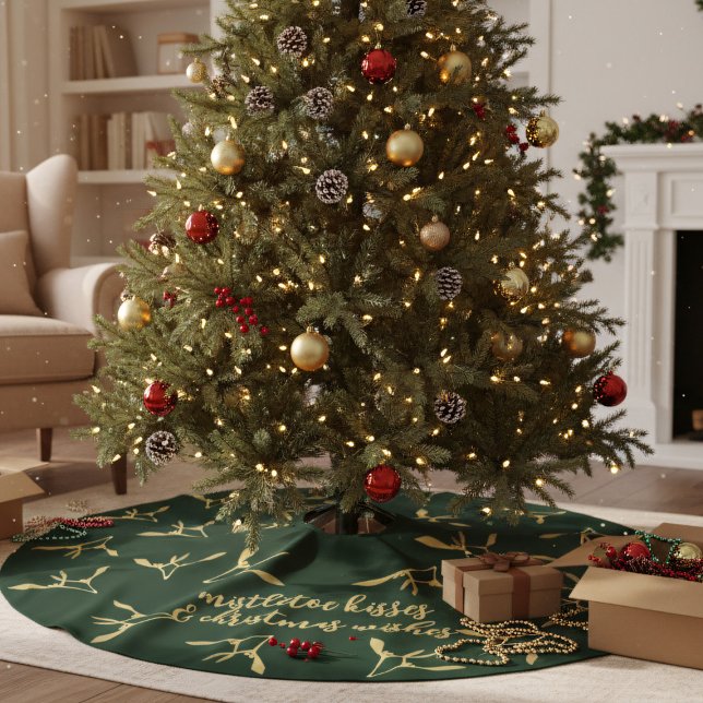 Custom Christmas Green and Gold Mistletoe Pattern  Brushed Polyester Tree Skirt (Deck the Halls Early with this Green and Gold Mistletoe Tree Skirt)