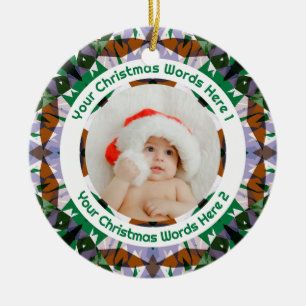 Custom Christmas Green Brown Family Photo Gift Ceramic Ornament