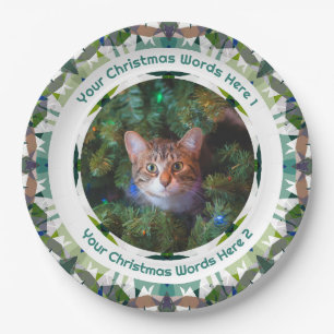 Custom Christmas Green Brown Family Photo Party Paper Plate