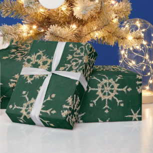 Custom Christmas Green Metallic Gold Snowflakes Wrapping Paper