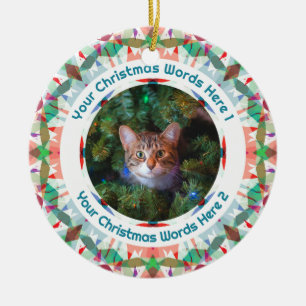 Custom Christmas Green Pink Family Photo Gift Ceramic Ornament