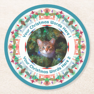 Custom Christmas Green Pink Family Photo Party Round Paper Coaster