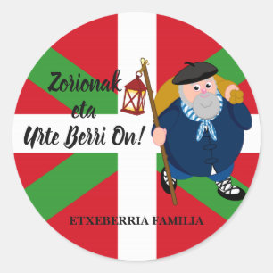 Custom Christmas greeting, Olentzero + Ikurriña: Classic Round Sticker