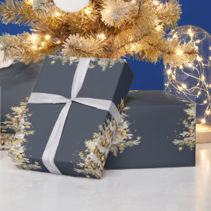 Custom Christmas Holiday Blue Gold Tree Gift Wrapping Paper