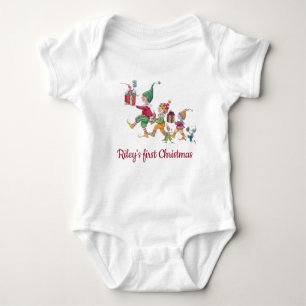 Custom Christmas Holiday Elves and Gifts White Baby Bodysuit