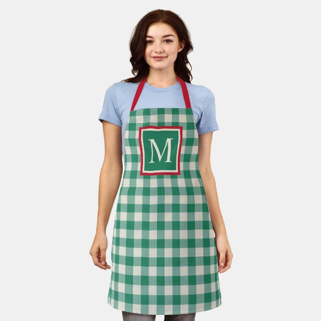 Custom Christmas Holiday Green Red Ivory Gingham Apron (Worn)