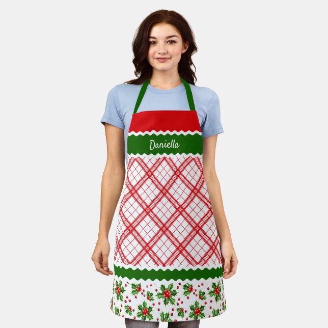 Custom Christmas Holiday Red Berries Green Holly Apron (Worn)