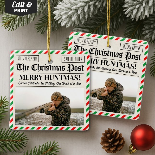 Custom Christmas Hunter Gift Newspaper Outdoorsman Ceramic Ornament (Custom Christmas Hunter Gift Newspaper Outdoorsman Ceramic Ornament)