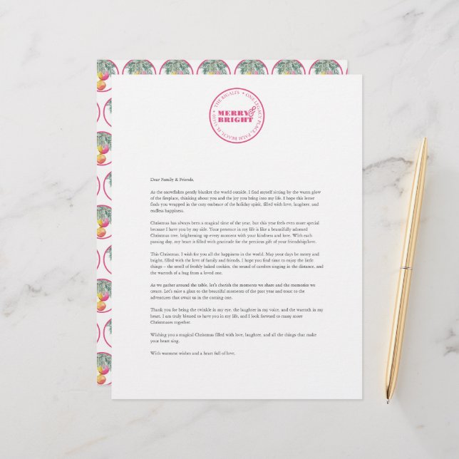 Custom Christmas Letter Template Pink Custom Letterhead (Front/Back In Situ)
