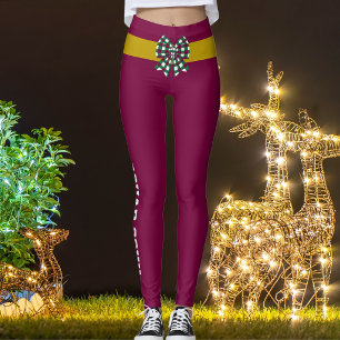 Custom Christmas Merlot Gold Chequered Bow Festive Leggings