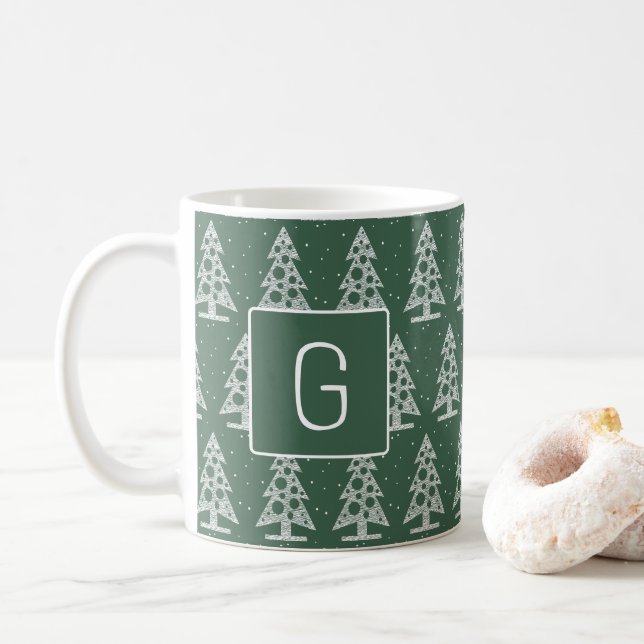 Custom Christmas Monogram Mug with White Trees (With Donut)