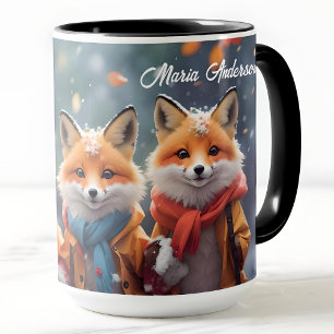 Custom Christmas Mug Cute Foxes In A Snowy Forest