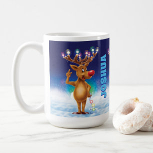 Custom Christmas mug, Rudolph and lights. Coffee M Mug