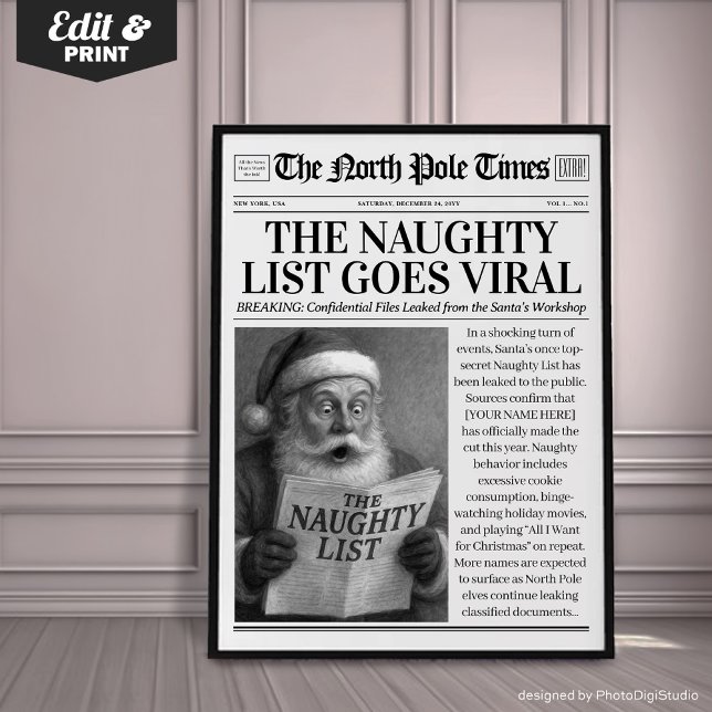 Custom Christmas Newspaper Decor, Funny Christmas Poster (Custom Christmas Newspaper Decor, Funny Christmas Poster, The Naughty List Goes Viral)