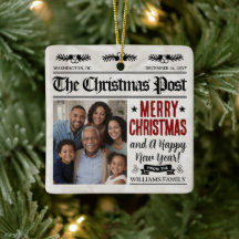 Custom Christmas Newspaper Ornament, Family Photo