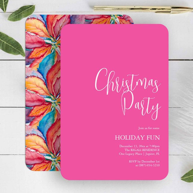Custom Christmas Party Invites Fuchsia Pink (Pink Christmas party invitation features unique poinsettia watercolor art by Victoria Grigaliunas)