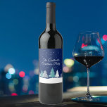 Custom Christmas Party Winter Trees Blue Wine Label<br><div class="desc">Beautiful midnight blue sky with Christmas fir trees decorate these pretty,  custom Christmas party wine labels. Snow lines the lovely forest and white snowflakes sprinkle down in the night air. Personalise these gift labels for a holiday gathering.</div>