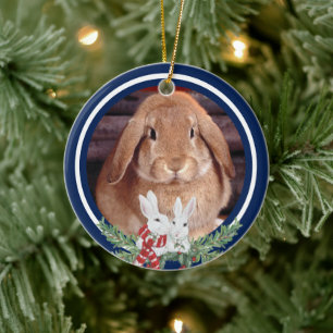 Custom Christmas Pet Bunny Rabbit Photo Year Name Ceramic Ornament